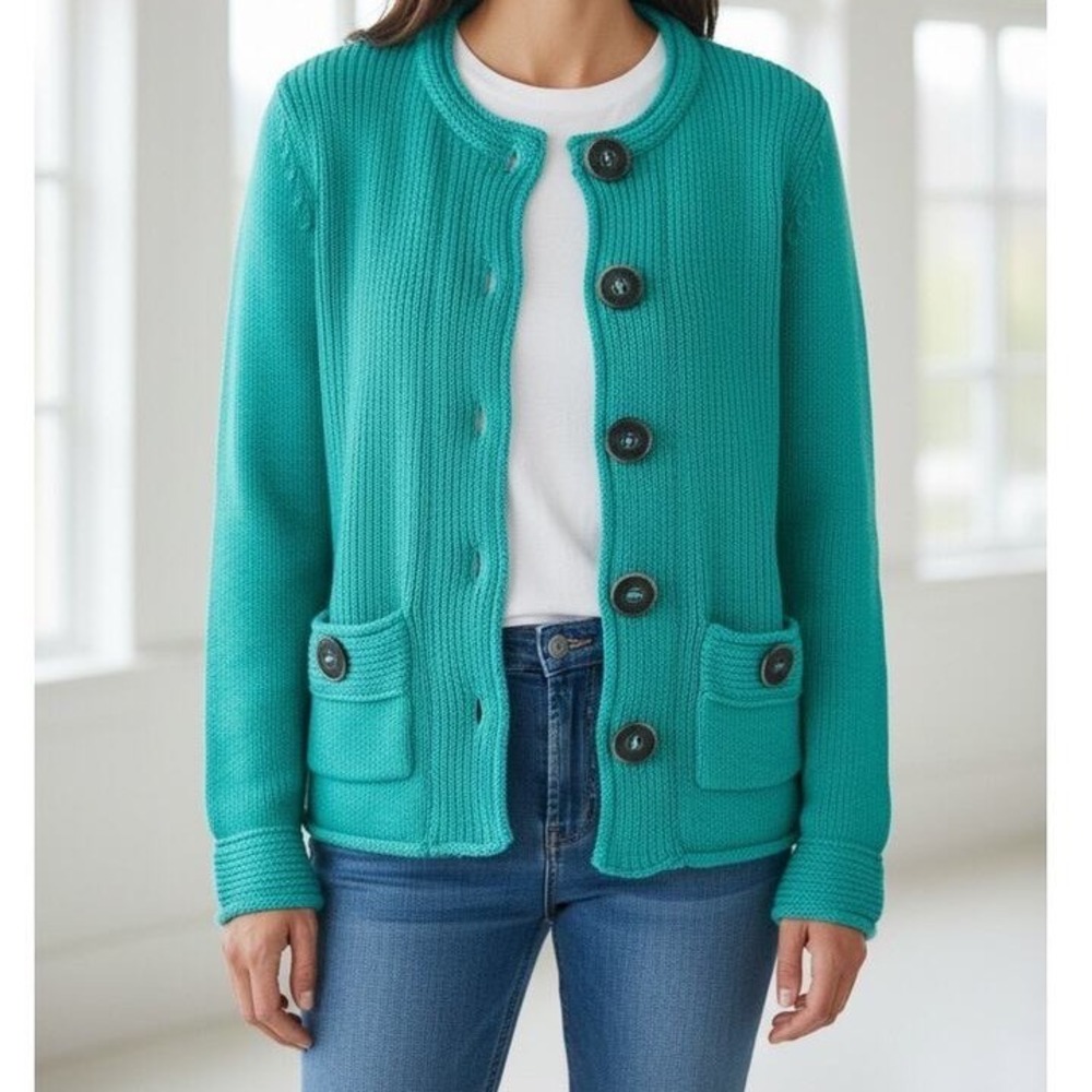 Pure Handknit Aqua Cotton Cardigan NWT M/L Casual Work Layering‎